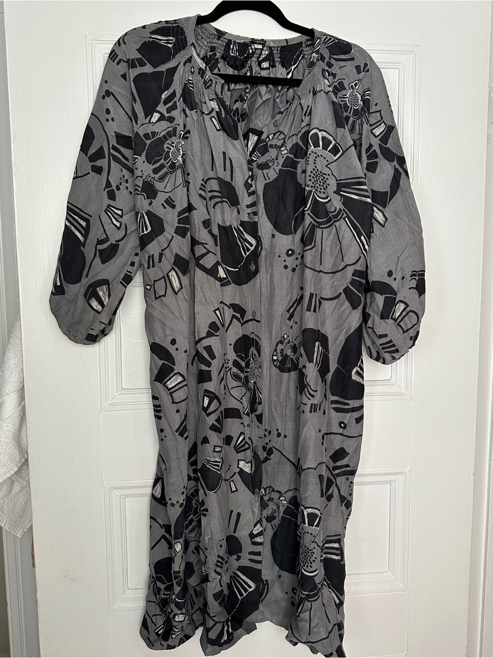 Tucker Button Front Gray and Black Floral Mini Dress